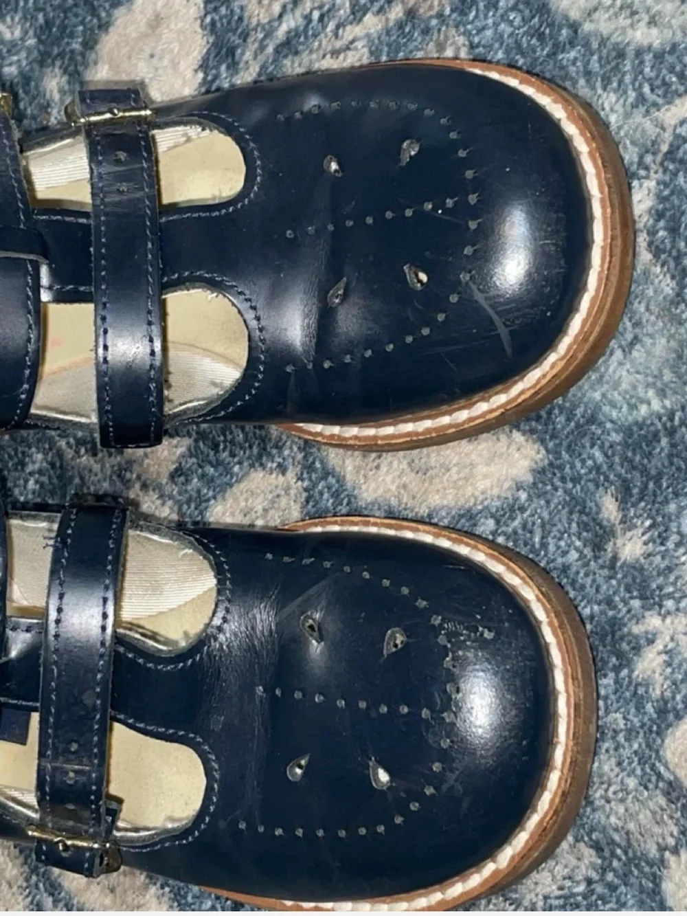 Vintage Amilio Navy Blue Leather Dbl T-Strap Mary Jane Shoes Girls Size 12 USA